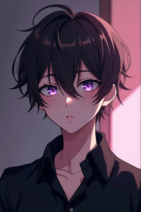 Anime comic panel of a boy who is a rude adult,With eyes lila ,short dark brown hair ,piel Blanca,with an elegant black shirt,It is very beautiful,He has a serious expression.