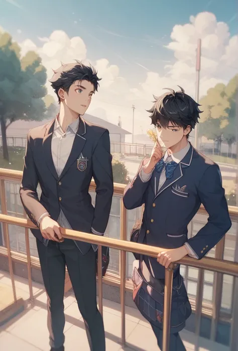  One Boy 、 College Student 、 school uniform、、Beautiful、 black hair、handrail、 school rooftop during lunch break、wind、Narcissist、 see here、アニメwind