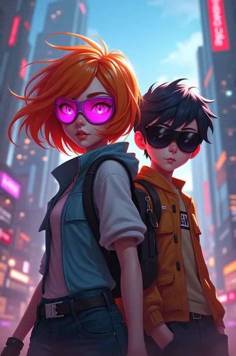 League of Legend theme: the orange-haired video game-type girl with pink lenses and the boy with black hair and black lenses