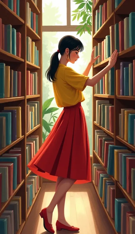 A girl is browsing books in a bookstore.
The girl will wear red and yellow clothes and will be very neat.The girl will wear red and yellow clothes and will be very neat.Be realistic
