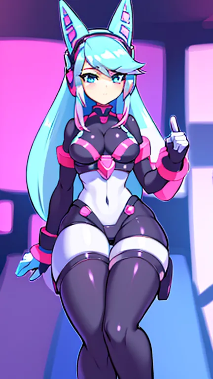 {{masterpiece, ultra-high quality, ultra detailed,}} 1girl, Silvervale, Vtuber, Wolf girl, Pastel blue and pink hair, happy expresion, Maverick Hunter HQ, Mission Control Chair/headset, professional art, Reploid, robot girl, seductive pose, 