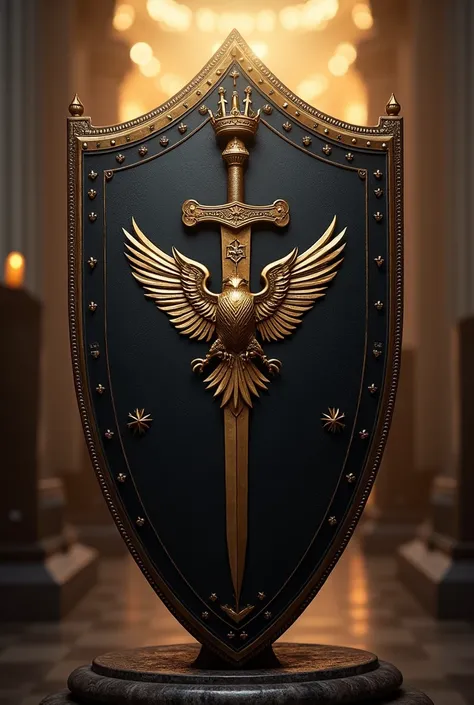 Make a shield with Air of the Vatican and place a sword and a falcon on it, it is a black color with a divine aura with a crown