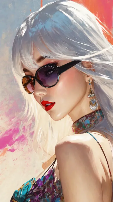 chinapunk high quality, Super detailed, Super exquisite, 8k, 1girl, sunglasses, solo, hat, lipstick, red lips, long white hair, purple eyes, dress, plunging neckline, makeup, big breasts, cleavage, looking at viewer, arms behind back, ulzzang, portrait, se...