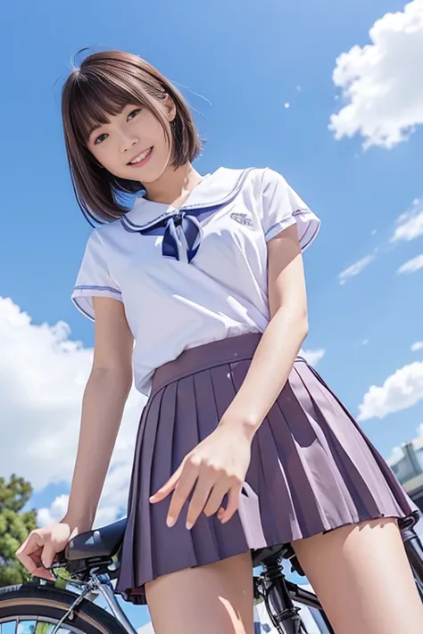 (sit on a bicycle saddle、Japanese high school girl waiting at a traffic light)、 short-sleeved white shirt、Put your hands on the handlebars、Her underwear is visible through the short sleeves、Very short checkered pleated skirt、Dark brown bob hair、curly hair、...