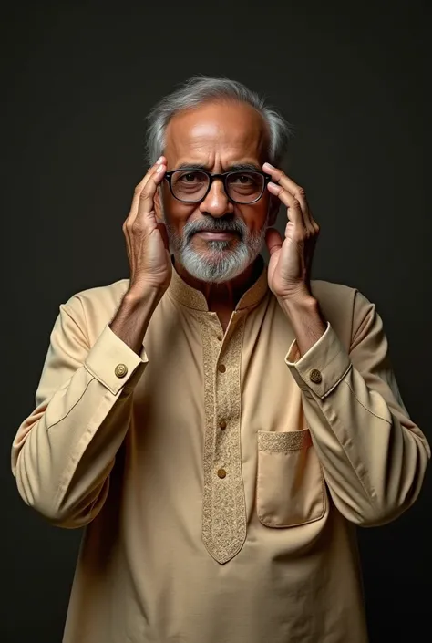 35 year old Indian man wearing kurta  and glasses posing straight 
hand  in temples