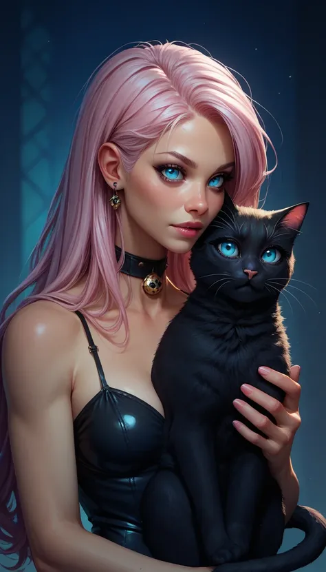 Girl with cat, Black Cat, Pink hair Blue eyes, Avatar