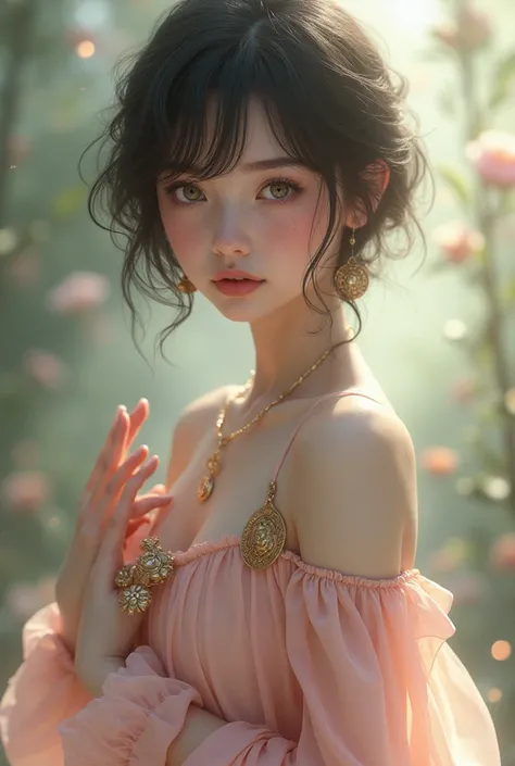 A very beautiful girl with short hair in a pink dress with some medallions on her hands and with some freckles on her cheeks