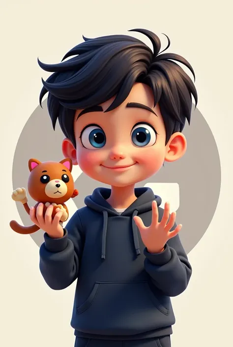  Pixar-style poster in his hands of a boy with dark hair and blue eyes , dark sportswear with a Funko , The background must be neutral as a logo type and with your other hand you are making a gesture that everything is fine that it is only half the body an...