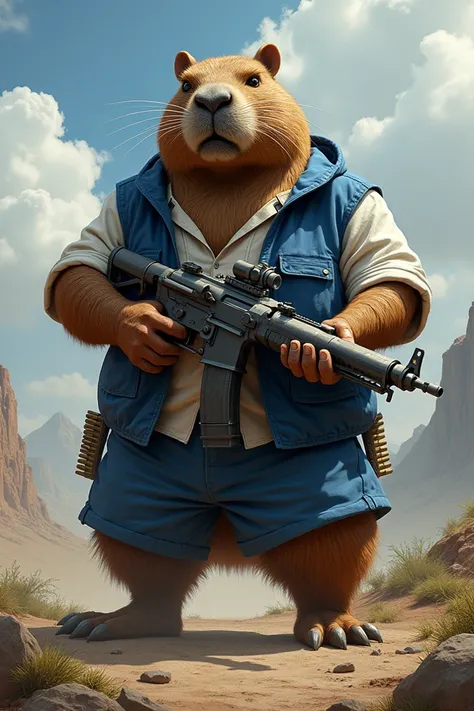 Carpincho standing in blue and white clothing and with a machine gun, epic realism