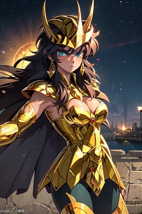 A beautiful girl in golden armor walking in the night, scorpioarmor, white cape, armor, golden shinning armor, reflection armor, helmet, greek ruins background, night sky, starry sky, full moon, big rounds breasts, (cleavage:1.2), dark brown hair, long ban...