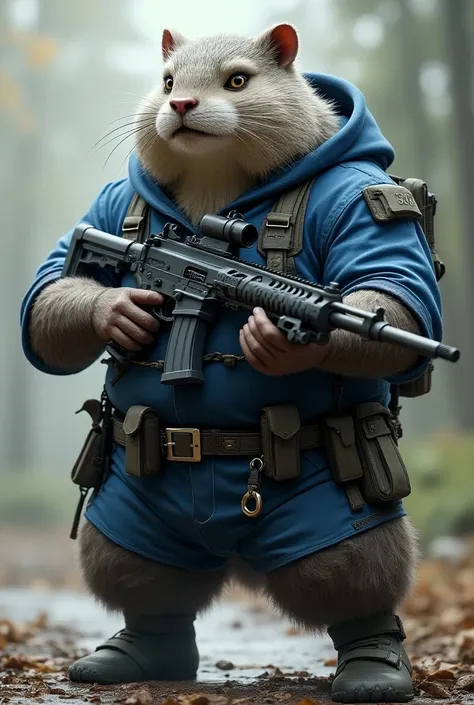 Carpincho standing and good physique ,  in blue and white clothing and with a machine gun, epic realism