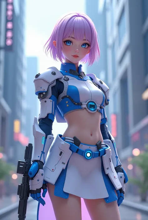  Beautiful Charming Beautiful Girl ， Real Exquisite Face ，fair skin，Pink Purple Short Hair ，elegant，High resolution 8k， Two-Piece Magic Tech Sensation Armor， Blue/White Camera Armor ，Showing cleavage，Busty， showing waist ，White skirt，elegant， Micro-Exposed...