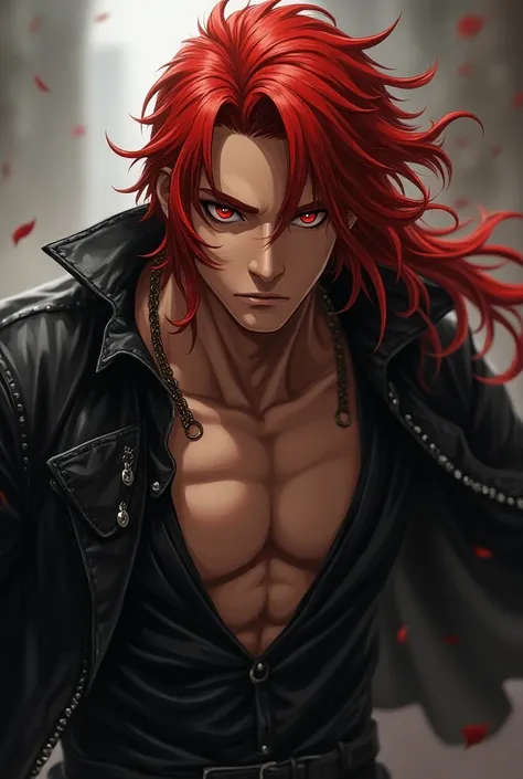 Create a male character with long hair of vibrant hues ,  generally in shades of red or red , Sharp eyes of rare colors, like red or amber ,Highly muscular bodies and tanned skin with black leather clothing for a One Piece RPG