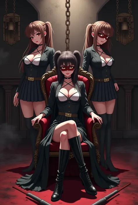 dim,  bloody medieval European style basement  、Bondage、  restraints to hang something from the ceiling  、 decorate a collar or whip with a normal size lock or chain  、Evil female executive、SM Queen、 The hairstyle is long hair, twin tails, and short cuts, ...