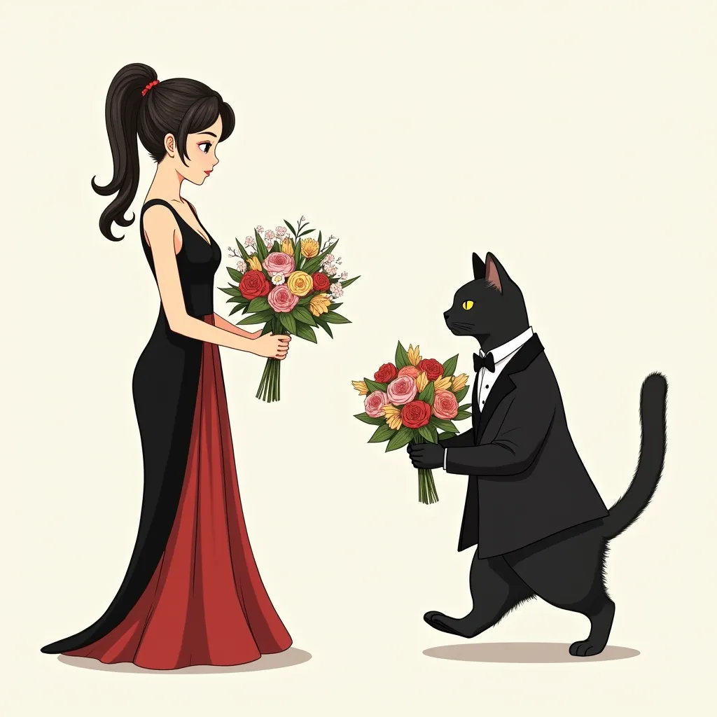  A Japanese woman with ponytail hair in a black sleeveless and red evening dress is holding a bouquet in her hand、 a black cat walking on two legs in a tailcoat ((Cait Sith))is holding a bouquet in her hand 、 A humorous worldview where black cats behave in a humane way 、