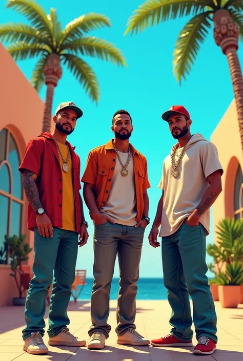   there are three guys standing in a courtyard with a palm tree ,  a ray-traced image inspired by Byron Galvez , Trending in CG , realism, GTA Vice City style ,  chilling at the club together , estilo do gta v, members of the gang , neymar in gta v, gta 6 ...