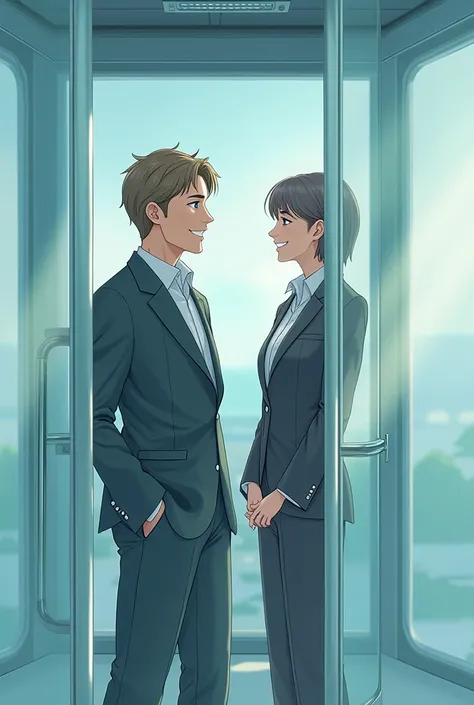 In the translucent glass cabin of an ORBIT Elevators elevator, There is a couple dressed in business attire, chatting happilySmile, Blue eyes, Brown Hair, Simple background, 