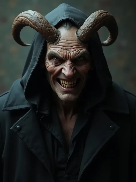 old man, wrinkly, horns, sinister smile, 3/4 view,  wearing cloak, dark shadows on face