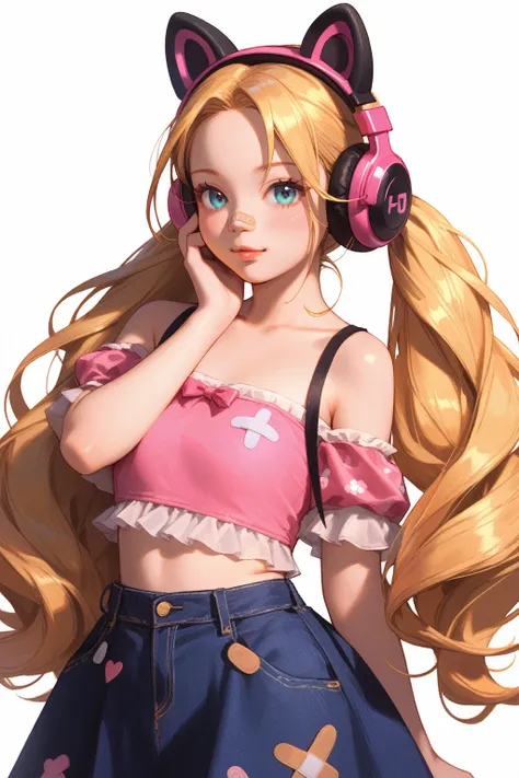  close-up of a young girl wearing headphones ,  golden hair with double ponytails  , Bangs cover forehead  ，  bare shoulders  ，3/四边 ，Support your chin with one hand ， Standing on the table， hands on all sides holding your face  ，  pink band-aid on the brid...