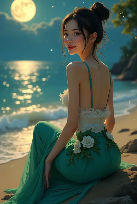 Beautiful Japanese woman , sharp face,  bright smile,  long hair tied bun ,  looking at the lens ,  wearing a long emerald skirt ,  long skirt with white roses on the hem，Pattern of green stems and leaves ,  engraved with fantasy color .  Woman sitting on ...