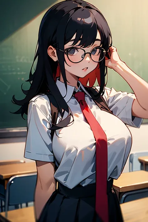 A Thai girl wearing black glasses, black hair, wearing a Thai school uniform and has big breasts She has a red necktie around her neck and a background that shows her in the classroom. 