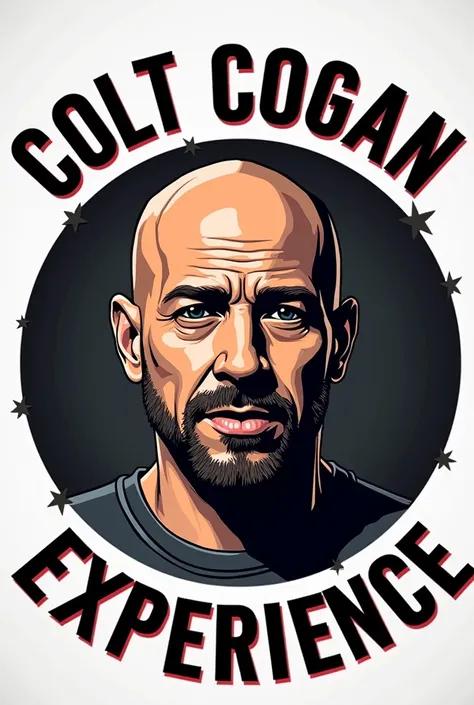 Make a logo that looks like the Joe Rogan podcast logo, but it says Colt Cogan experience on the edges of it with a face of Joe Rogan in the middle