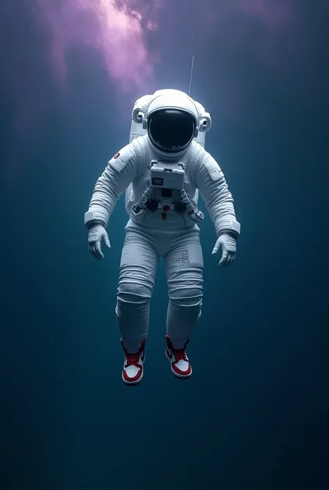 I want a logo made with a white outline of a astronaut floating very realistic in the middle of the ocean underwater with a background of galaxy in the colors purple and black the astronaut wearing a Nike dunks red,black and white 