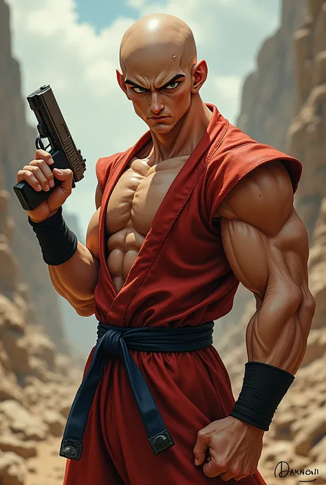 Tenshinhan from Dragon Ball Z with a gun in his hand 