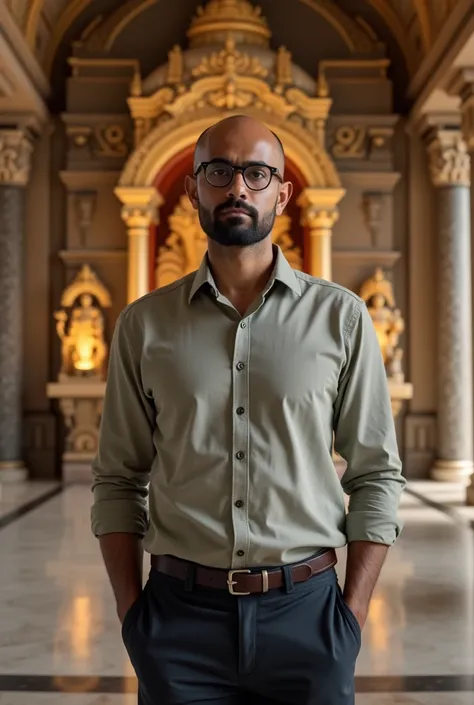 35 year old Indian man wearing shirt ,pant   and glasses posing straight   in hd temple with 