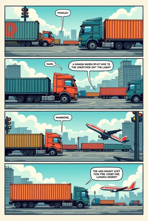 Make me a comic in English about modes of transport in logistics and that the dialogues are written in Arial 