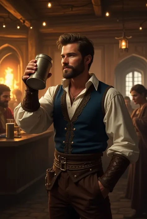 Attractive man in medieval clothes drinking in happy tavern
