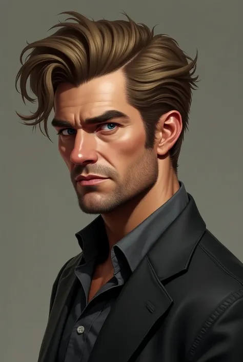  A big haired man with a cut , White, blue eyes ,  brown hair pulled over his blonde, looking like he&#39;s 35 years old. drawn mouth, with a sweet but virile look  .  strong but not very ,  looking like a cowboy businessman  