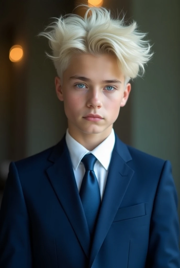 15-Year-Old Boy ,  white skin .  Large white hair down the sides,  light blue eyes  ,height 1,65 tall, Standing photo,  Blue Luxury Suit And Tie , Very handsome boy, Real photo 