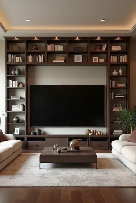  a room with a dark wood shelf in empire style of a column in minimalist style with a sectional,  light beige wall without frames with matching chairs and sofas and a large television that does not include books but sculptures and photo frames.  the televi...