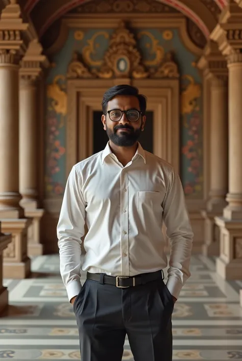 35 year old Indian man wearing shirt ,pant   and glasses with hairs  posing straight   in hd temple with 