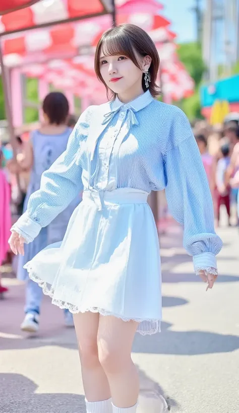  Realistic Long Shot Picture of a Beautiful Girl ,  Black Straight Medium Hair , Japanese pop idol ,  Brown Eyes , 50mm Portrait,  performs and dances on a colorful stage , top: Cute baby blue and white collar,  white button closure on the front ,   Puff S...