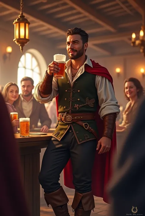 Attractive and uncluttered man in medieval clothes drinking in happy tavern