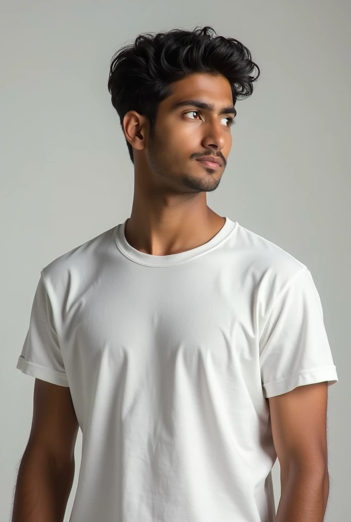 A 20 year old boy wears white t shirt and standing in front side and he is indian