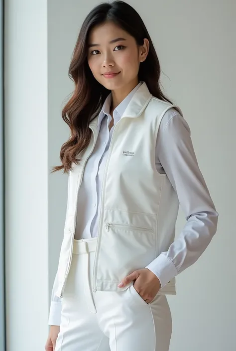 I want a WHITE COMPANY UNIFORM FOR WOMEN who sell medical devices,  let the outfit be casual , comfortable, Let it not be hot . that is long-sleeved and has a padded vest