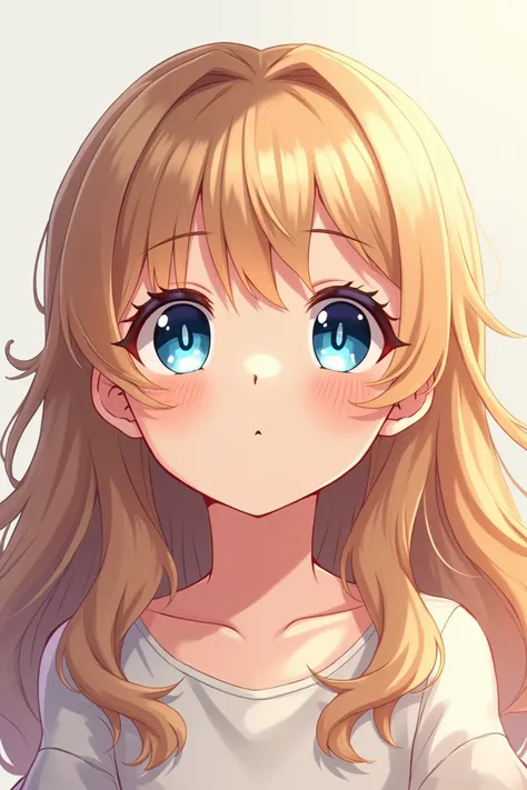 Anime blue-eyed girl, golden brown hair, long hair
Face up