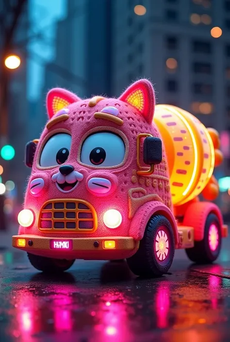 Create a vibrant scene of a whimsical, illuminated truck designed to resemble a cute cat, with playful, 
pink yellow and yellow  colorful lights adorning its knitted body. The truck features a large, rounded mixer in cheerful colors, set against a bustling...