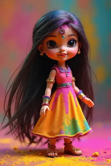 8. "Indian Holi Doll "
 With tan skin and dark eyes full of life ,  this doll wears a dress full of vibrant colors  (rose, yellows, greens, blues)  like those used at the Holi festival . Her long dark hair is decorated with brightly colored powder,  and he...