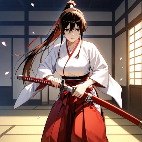 
((sagiri yamada asaemon, iaidow,weapon, katana, holding sword, ready to draw, sheathed, unsheathing, scabbard,)),Realistic image, detailed image, coherent image. 1 beautiful girl. She has long hair, styled in a ponytail, brown hair. Honey brown eyes, with...