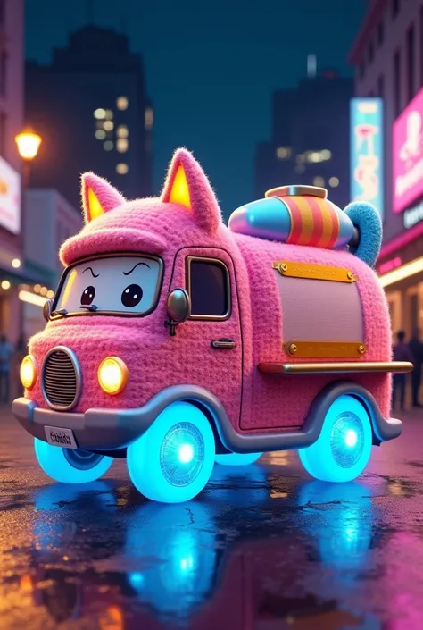 Create a vibrant scene of a whimsical, illuminated truck designed to resemble a cute cat, with playful, 
pink yellow and yellow  colorful lights adorning its knitted body. The truck features a large, rounded mixer in cheerful colors, set against a bustling...