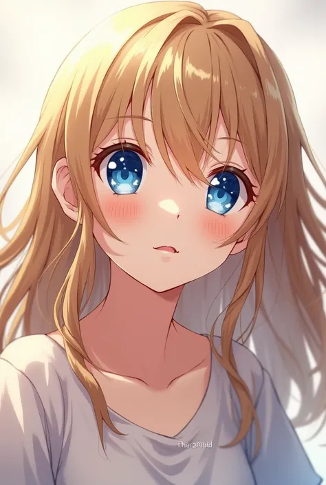 Anime blue-eyed girl, golden brown hair, long hair
Face up