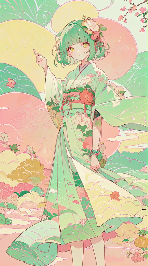 A mesmerizing surreal illustration of a young japanese woman. She has pastel green hair with blunt bangs, yellow eyes, and wears a vibrant pastel colored outfit adorned with intricate floral patterns. Freckles dot her smooth, warm complexion, and bold, col...