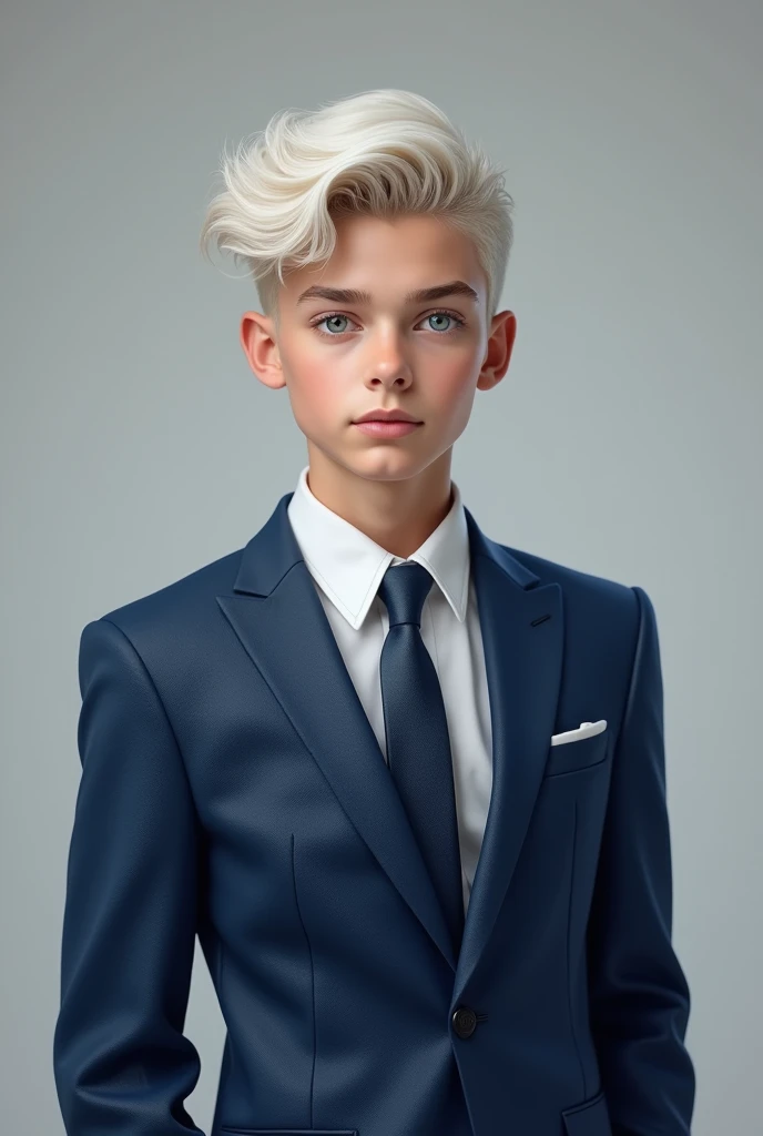 15-Year-Old Boy ,  white skin .  Large white hair down the sides,  light blue eyes  , 1,65 tall, Standing photo,  Blue Luxury Suit And Tie , Very handsome boy,  realistic photo  