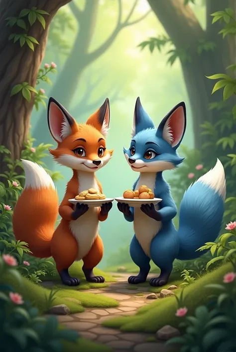 Create a brown fox and a blue fox in a forest holding empty plates in your hands 