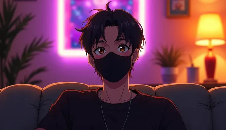 adult man wearing black mask, relaxed, sitting, room neon details, front view, face, satisfatory background, (orange, purple, golden), smile shy, upper body, (((anime style)))