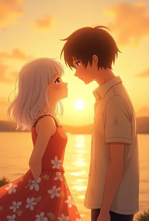  imaginary　men and women　Before kissing　 girl and boy about 18 years old　sunset　Woman with white hair 　 man with brown hair with long bangs 　 soap bubble 　Fluffy　 floral dress 　Japan illustration, Blur,  character, 